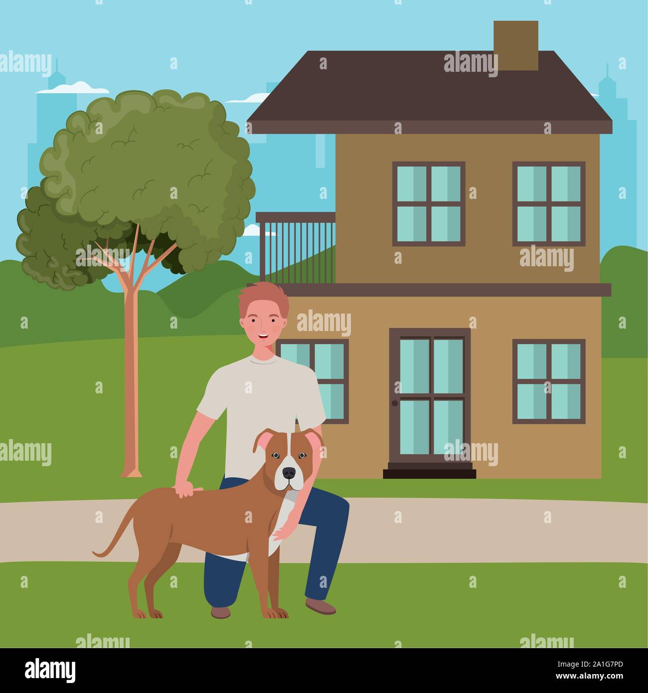 young man with cute dog mascot in the outdoor house Stock Vector Image ...