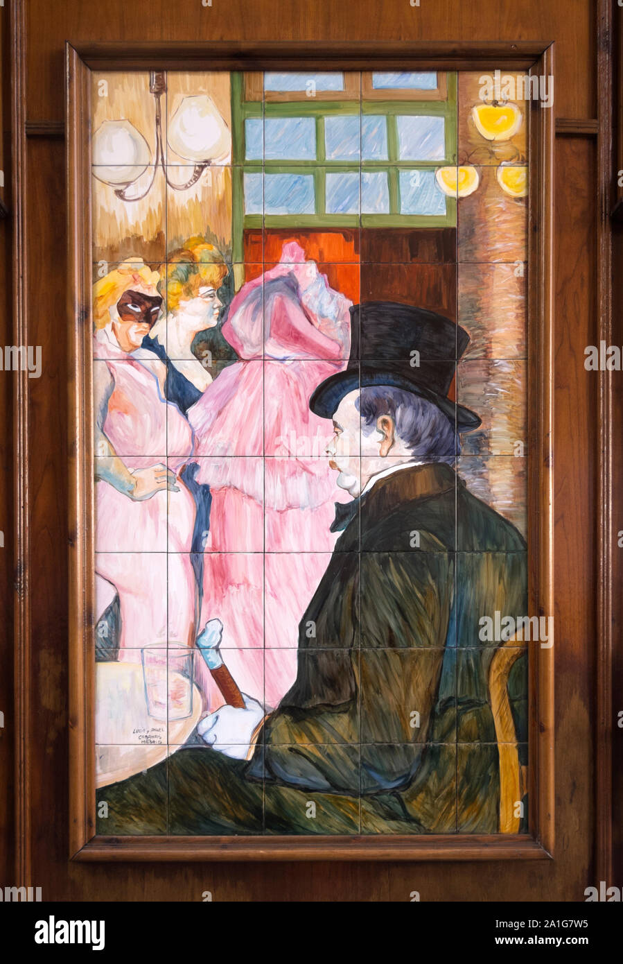 MADRID – FEB 23: Mosaic of Toulouse Lautrec on February 23, 2013 in Madrid, Spain. Mosaic on the facade of a cafe in Madrid 1864, inspired by a painti Stock Photo