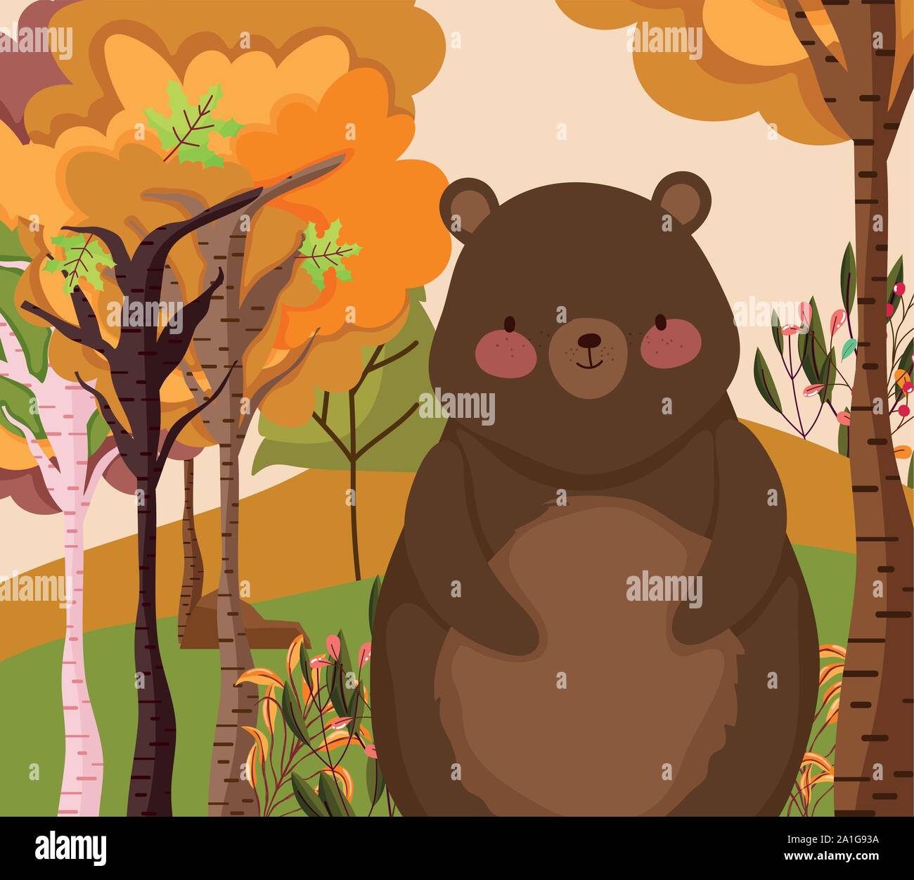 cute bear in the forest foliage hello autumn vector illustration Stock ...