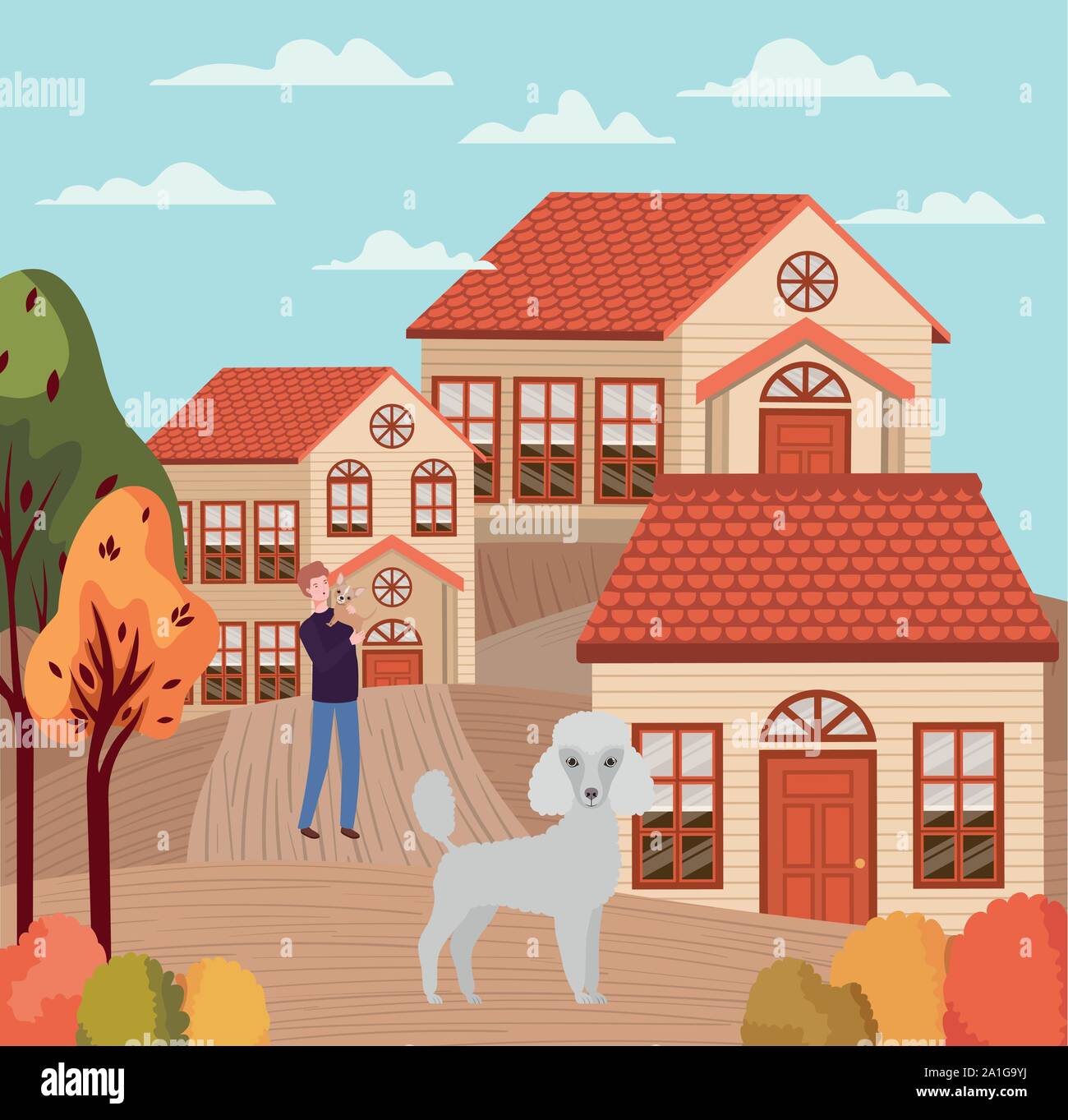 young man with cute dogs mascots in the autumn city scene Stock Vector ...