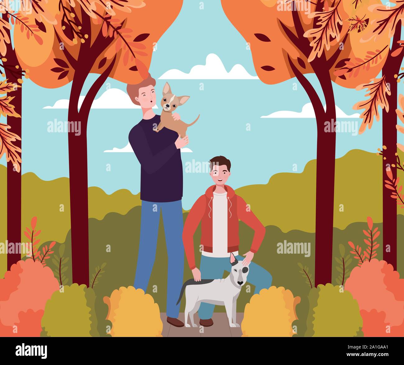young men with cute dogs mascots in the autumn camp Stock Vector Image ...