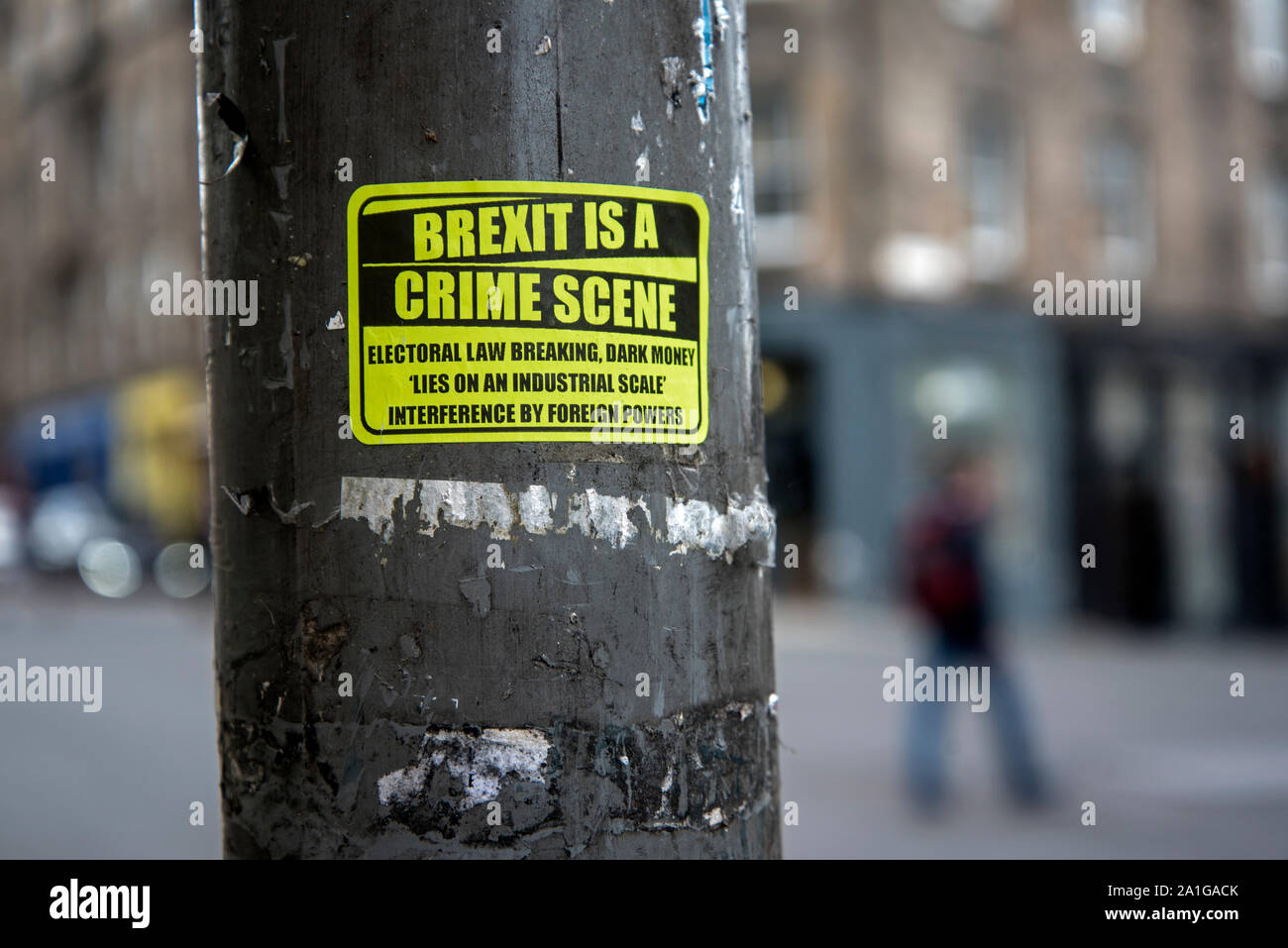 'Brexit is a crime scene' sticker on a post in Edinburgh, Scotland, UK. Stock Photo