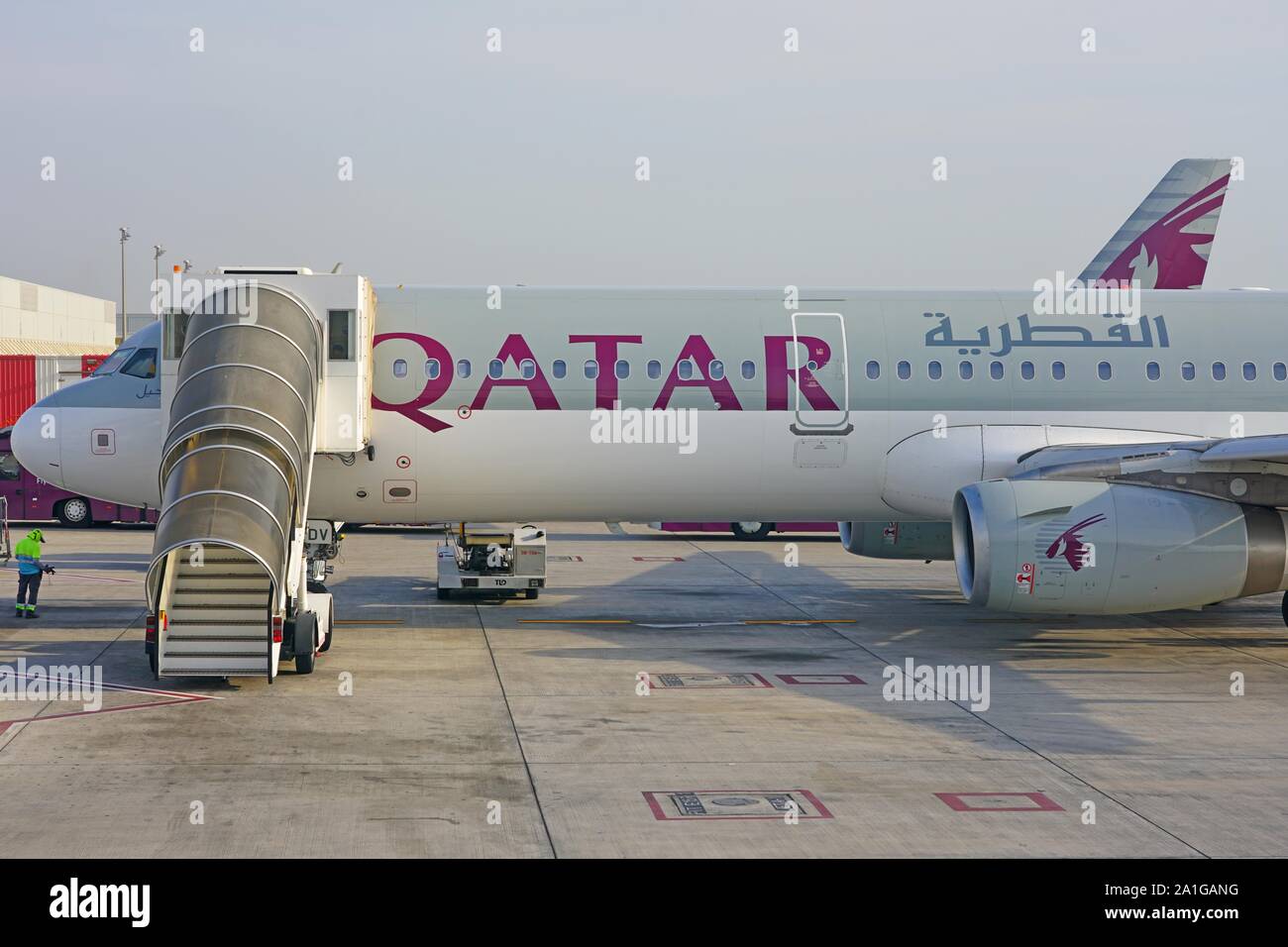 DOHA, QATAR -17 JUN 2019- View of airplanes from Qatar Airways (QR) at ...