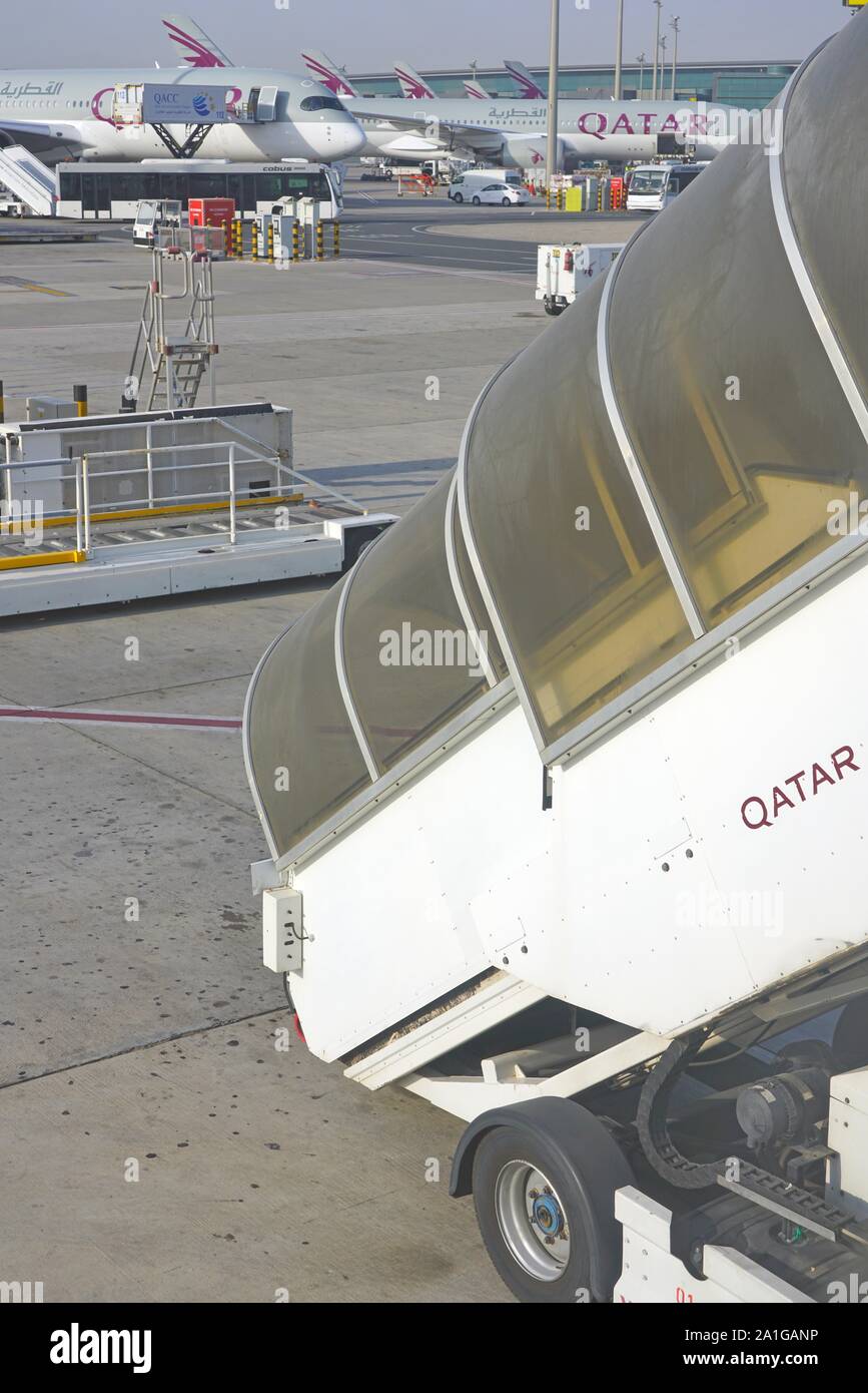 DOHA, QATAR -17 JUN 2019- View of airplanes from Qatar Airways (QR) at ...