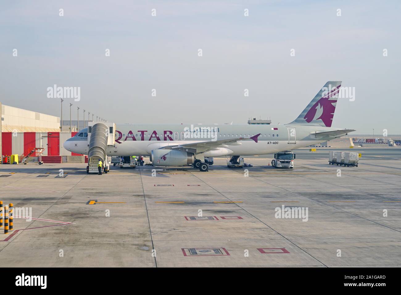 DOHA, QATAR -17 JUN 2019- View of airplanes from Qatar Airways (QR) at ...
