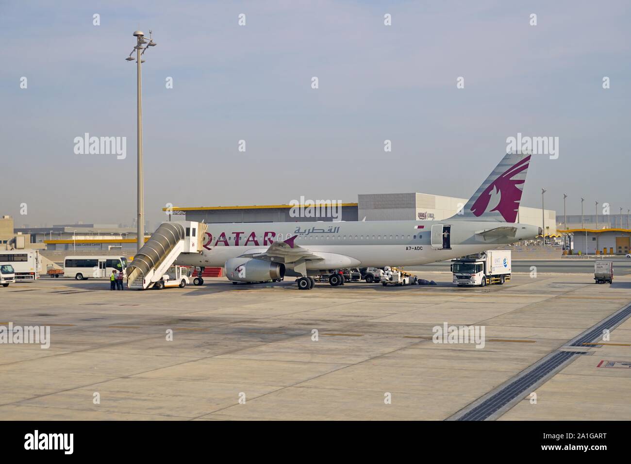 DOHA, QATAR 17 JUN 2019 View of airplanes from Qatar Airways (QR) at