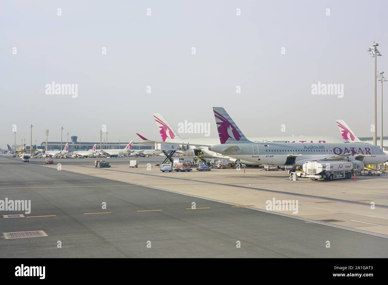 DOHA, QATAR -17 JUN 2019- View of airplanes from Qatar Airways (QR) at ...
