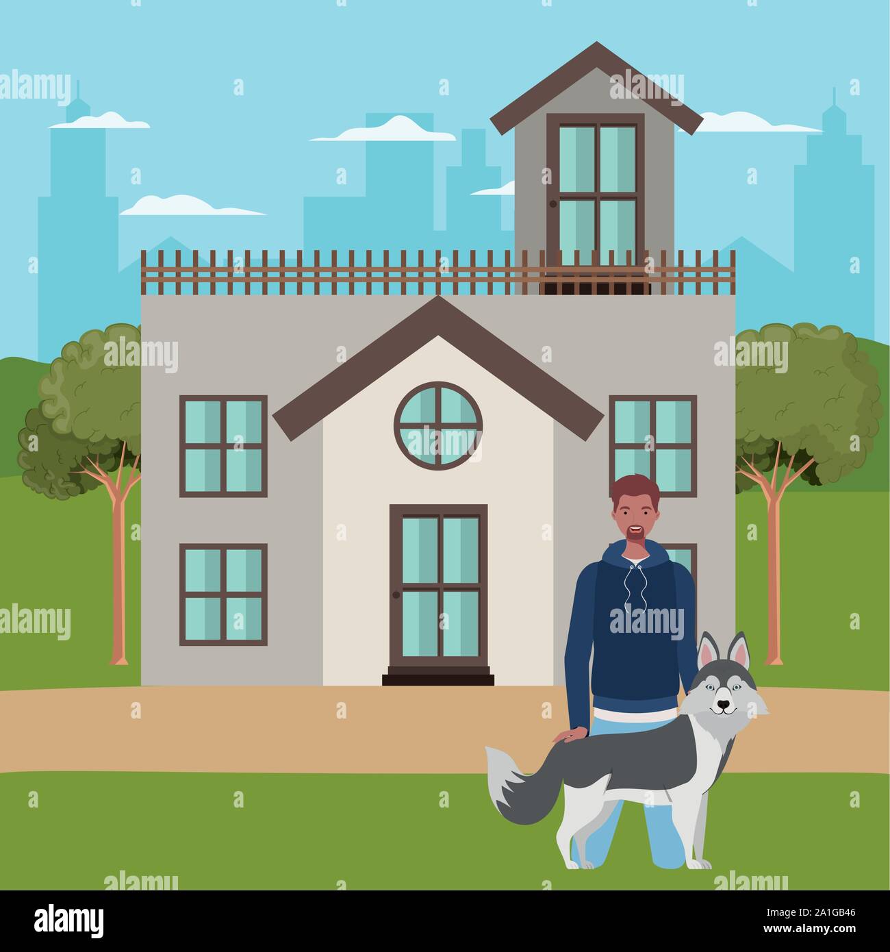 afro man with cute dog mascot in the outdoor house Stock Vector Image ...