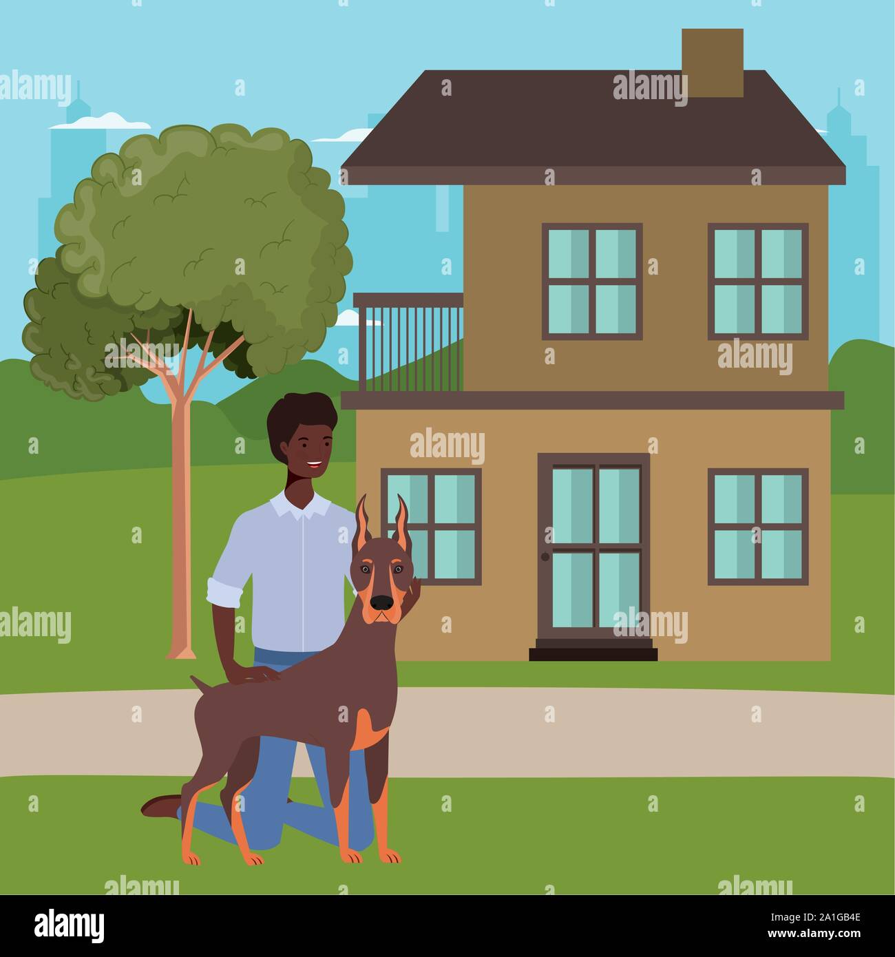 afro man with cute dog mascot in the outdoor house Stock Vector Image ...