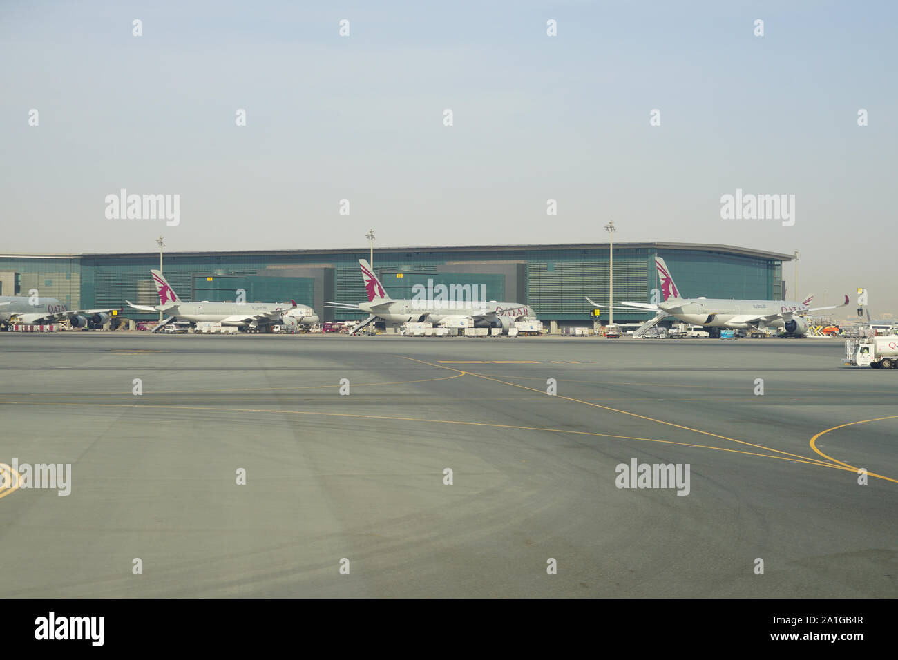 DOHA, QATAR -17 JUN 2019- View of airplanes from Qatar Airways (QR) at ...