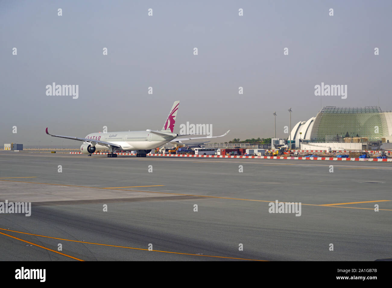 DOHA, QATAR -17 JUN 2019- View of airplanes from Qatar Airways (QR) at ...