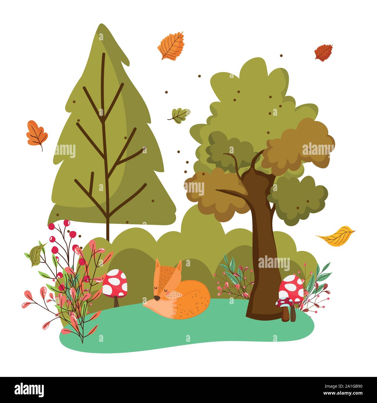 cute fox mushroom tree foliage hello autumn vector illustration Stock ...