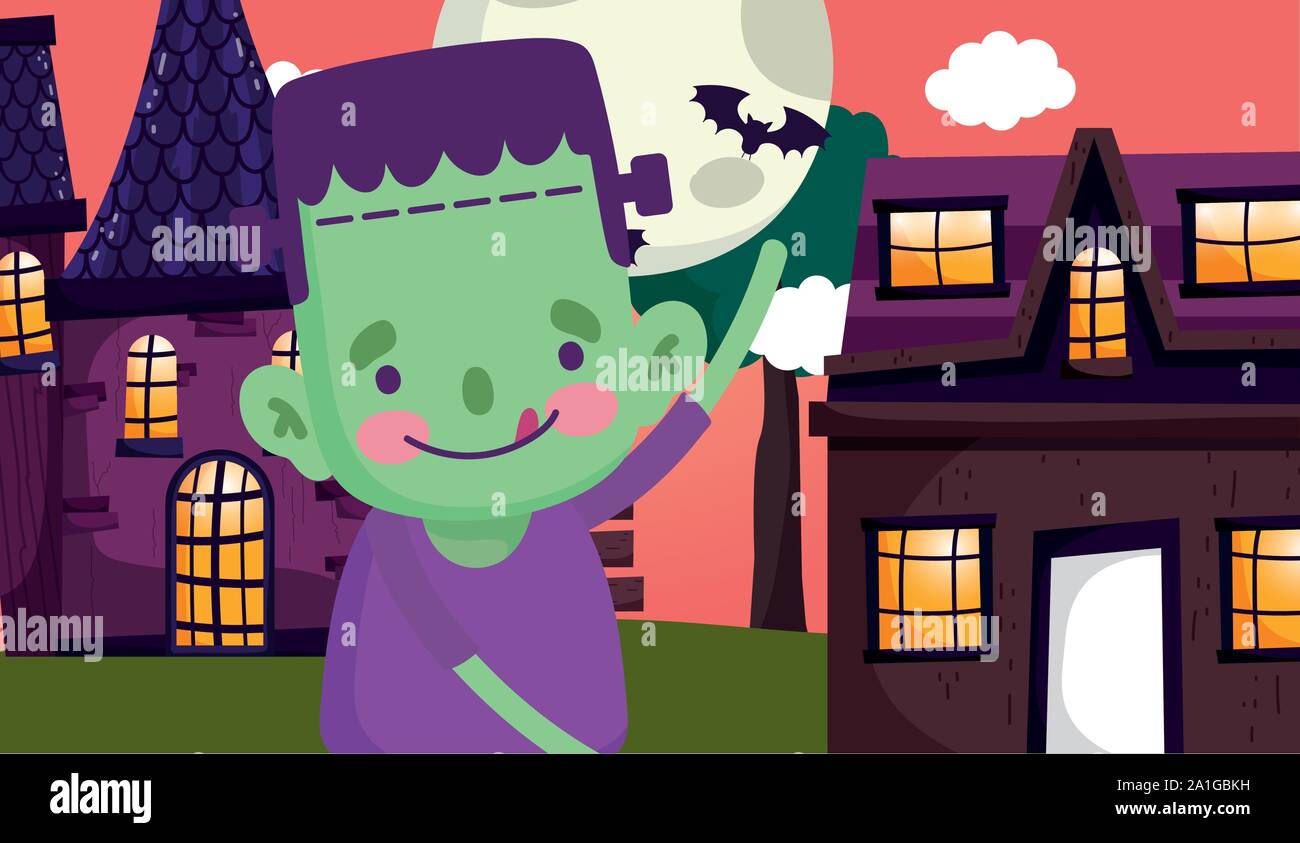 frankenstein costume city night halloween vector illustration Stock ...