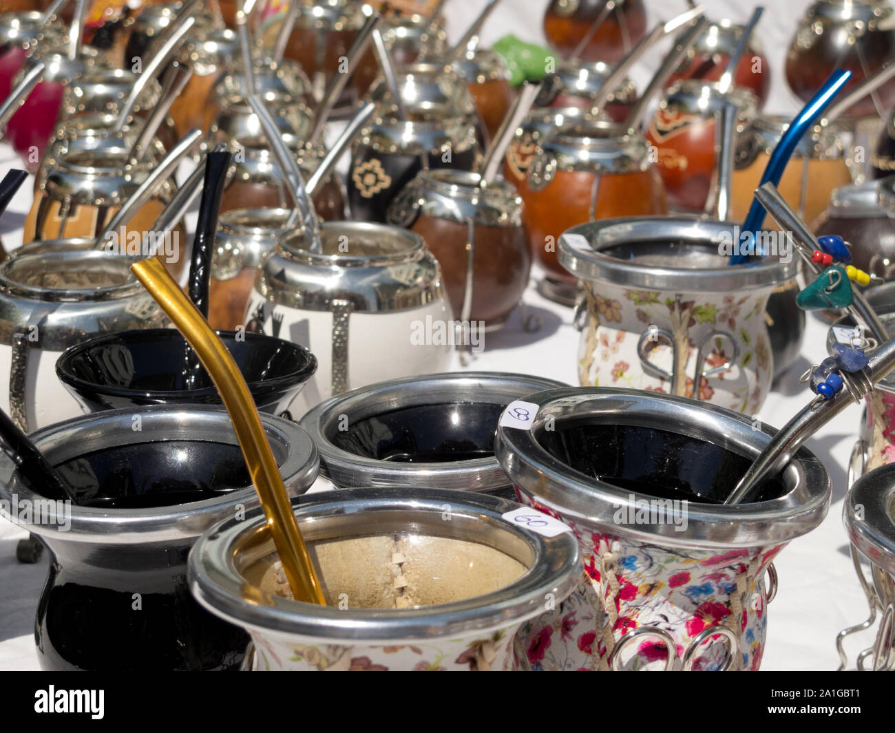 Group of calabash matte cups with straws in Buenos Aires. Mate is a