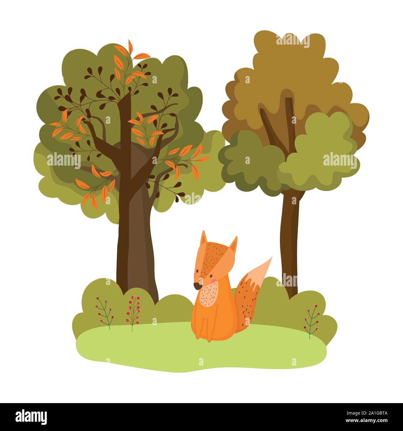 cute fox trees bushes foliage hello autumn vector illustration Stock ...