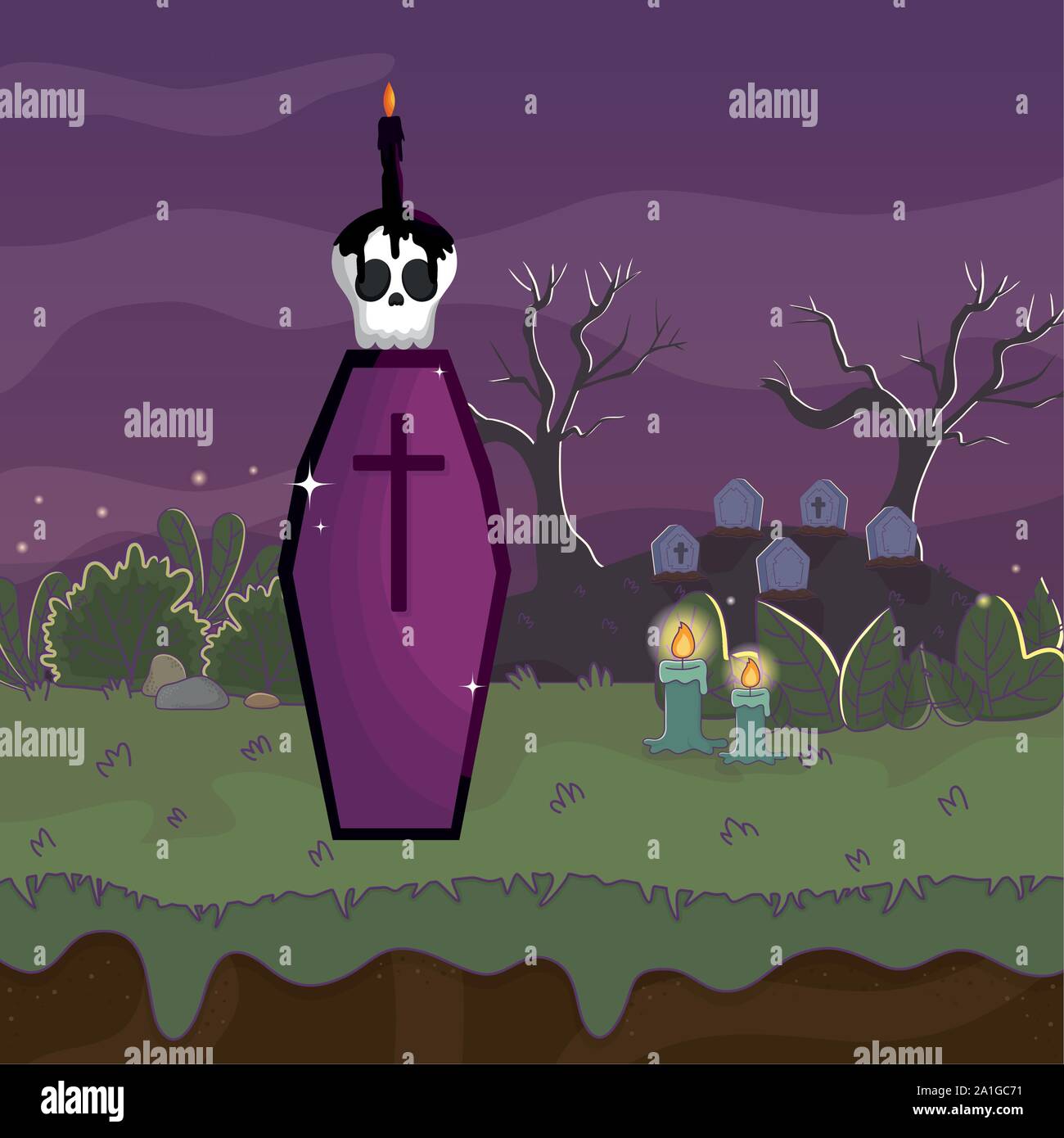 coffin and skull candle cemetery night trick or treat - happy halloween ...