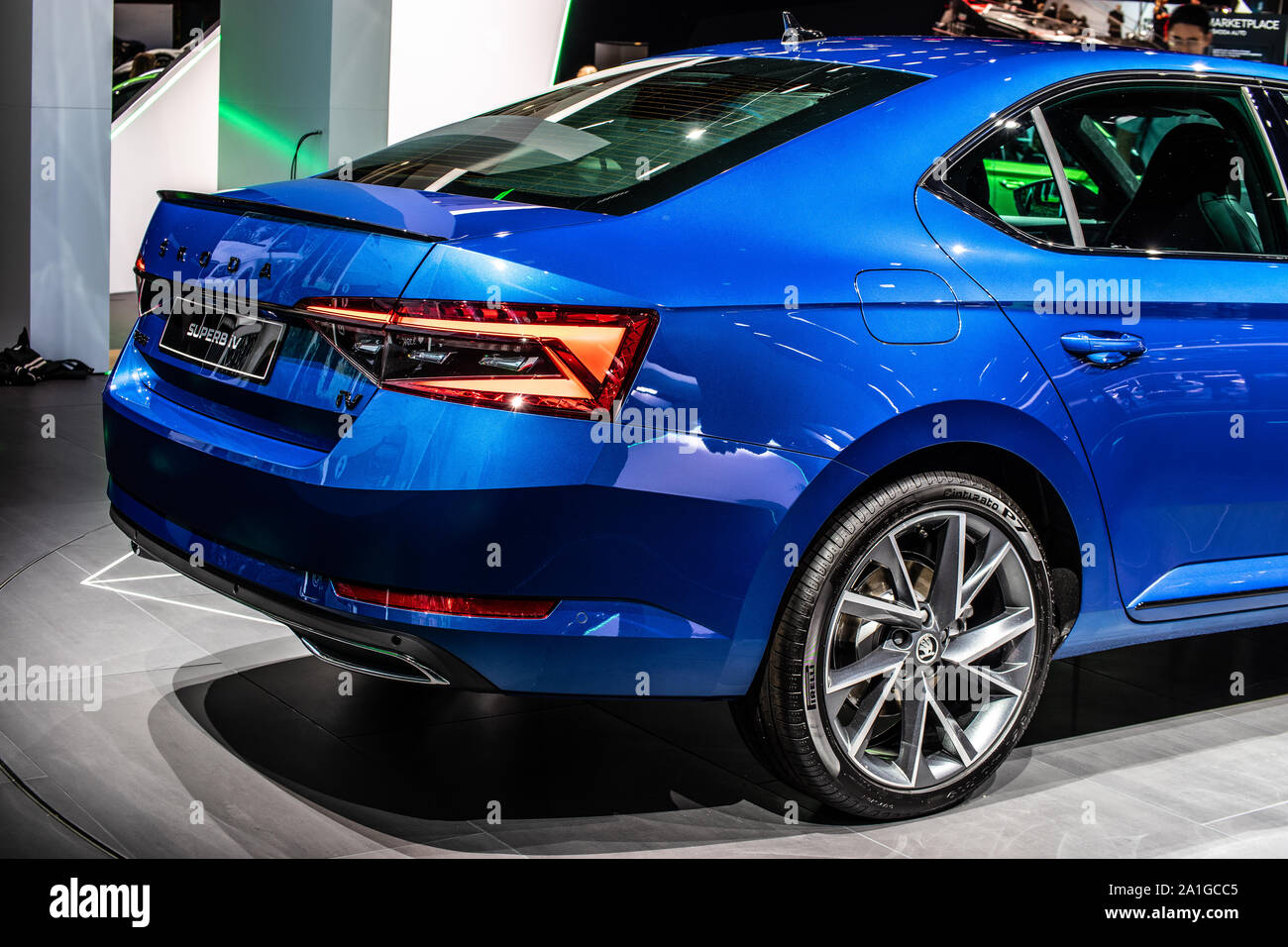 Frankfurt, Germany, Sep 2019 new Skoda SUPERB iV PIHV plug-in hybrid, IAA, B8, Typ 3V, 3rd gen, facelift, MQB platform, 2020 model year, from Skoda Stock Photo