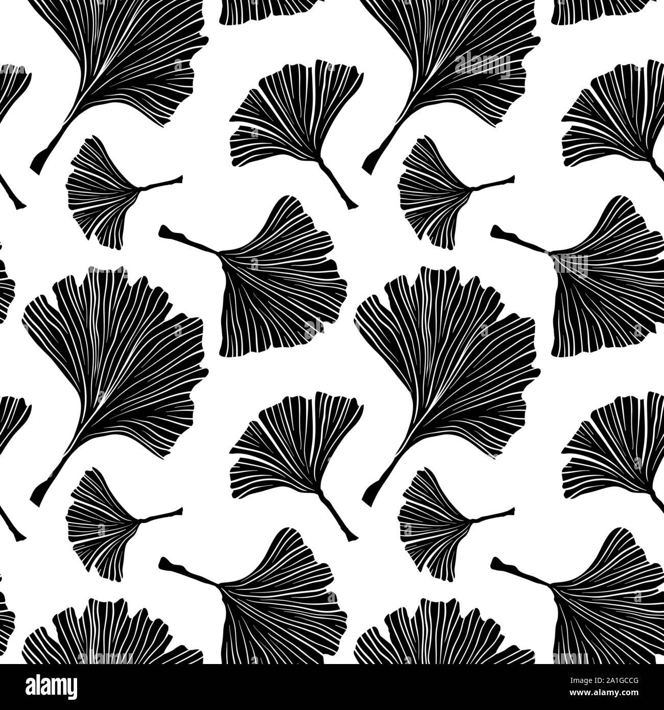 Ginkgo Biloba Plant Seamless Pattern, Large Black Leaves Silhouettes on White. Vector Monochrome Illustration. Ayurvedic Medicine Theme. Japanese Tree. Stock Vector