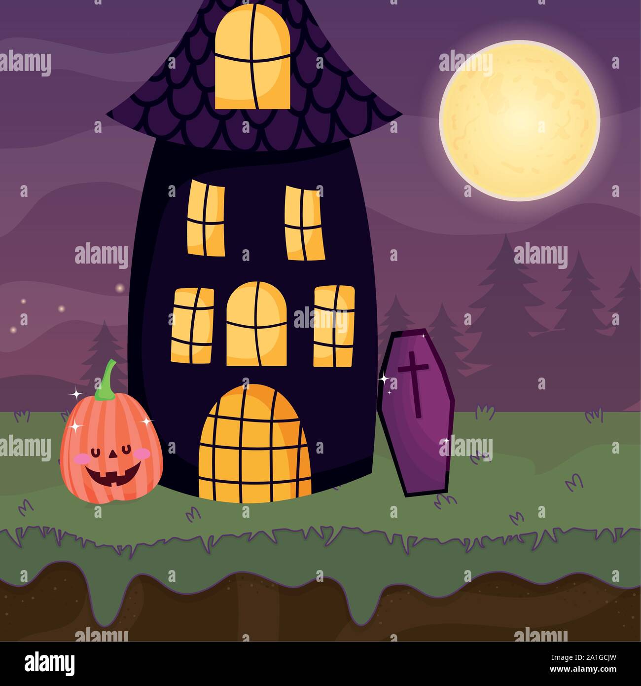 house coffin and pumpkin night trick or treat - happy halloween vector ...