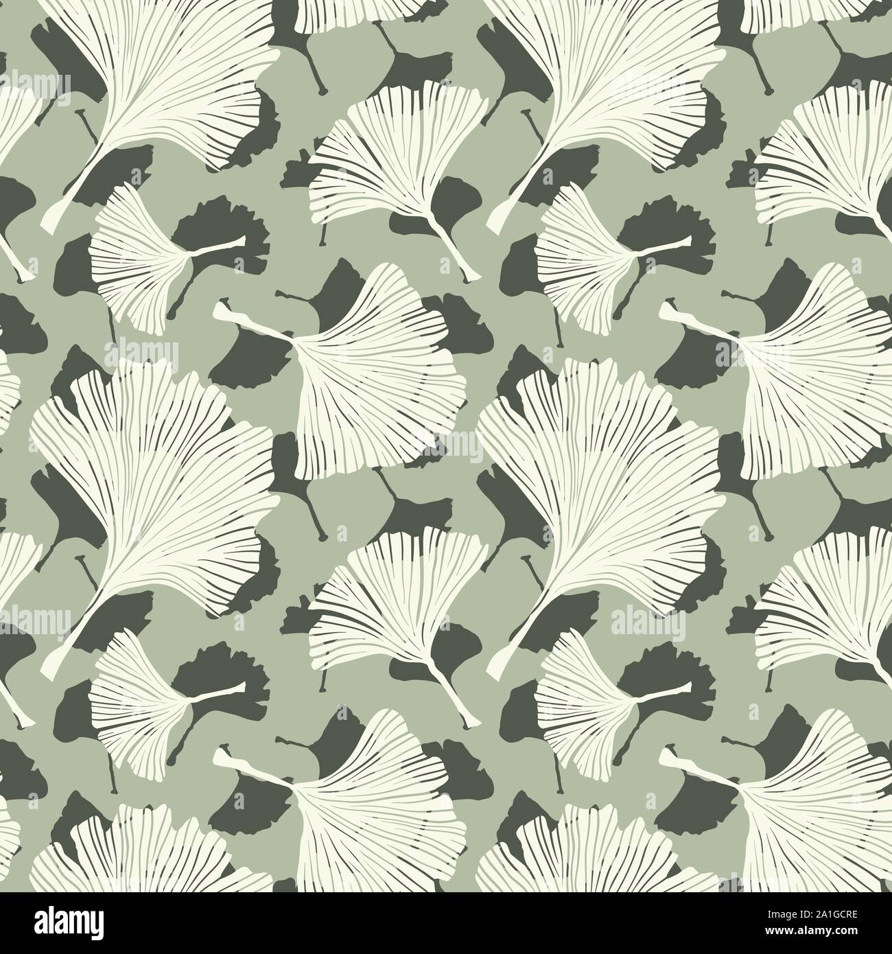 Ginkgo Biloba Botany Plant, Line art Pale Sage Colored Leaves on Ivory Background. Health Monochrome Pattern. Ayurvedic Medicine Theme. Vector Illustration for Wallpaper or Textile Design Stock Vector