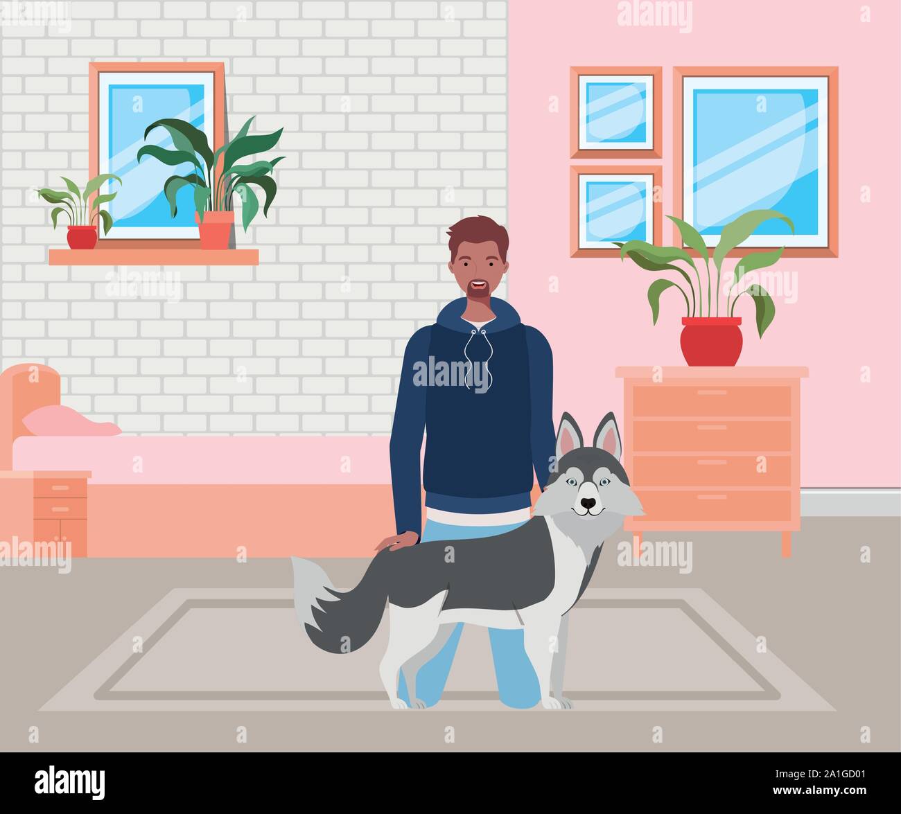 afro man with cute dog mascot in the bedroom Stock Vector Image & Art ...
