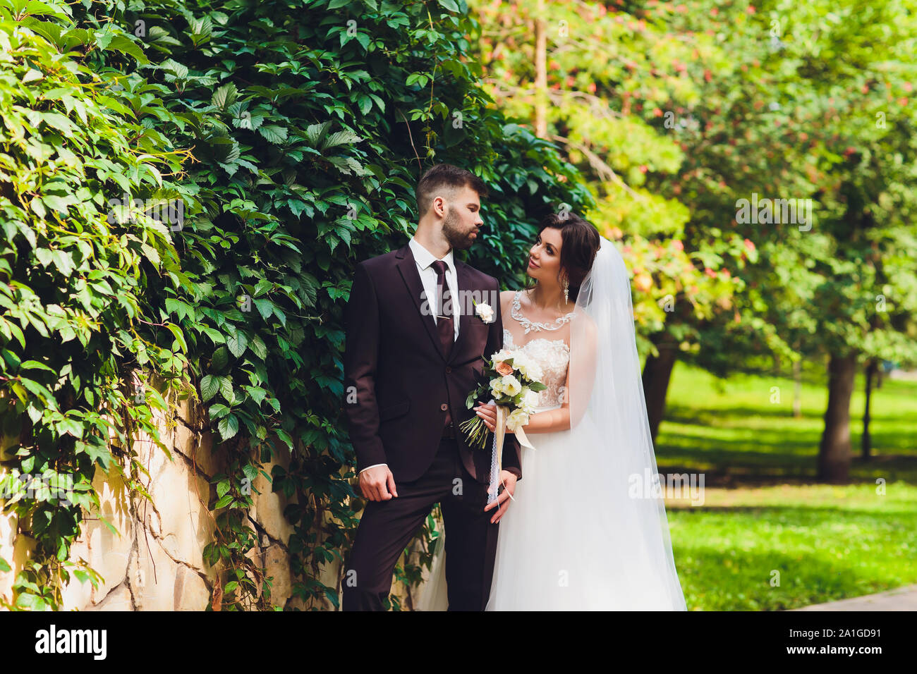 happy bride and groom at a park on their wedding day Stock Photo - Alamy