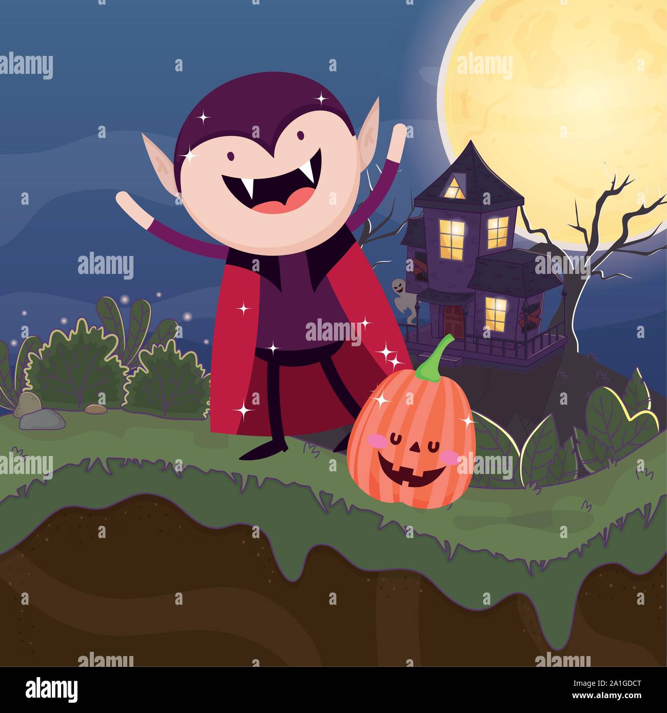 dracula costume pumpkin moon halloween image vector illustration Stock ...