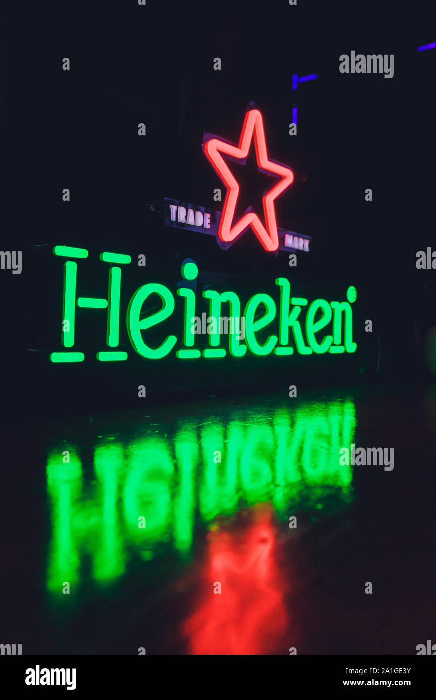 Ufa, Russia, 1 July, 2019 Heineken Logo at the Heineken experience dark Stock Photo