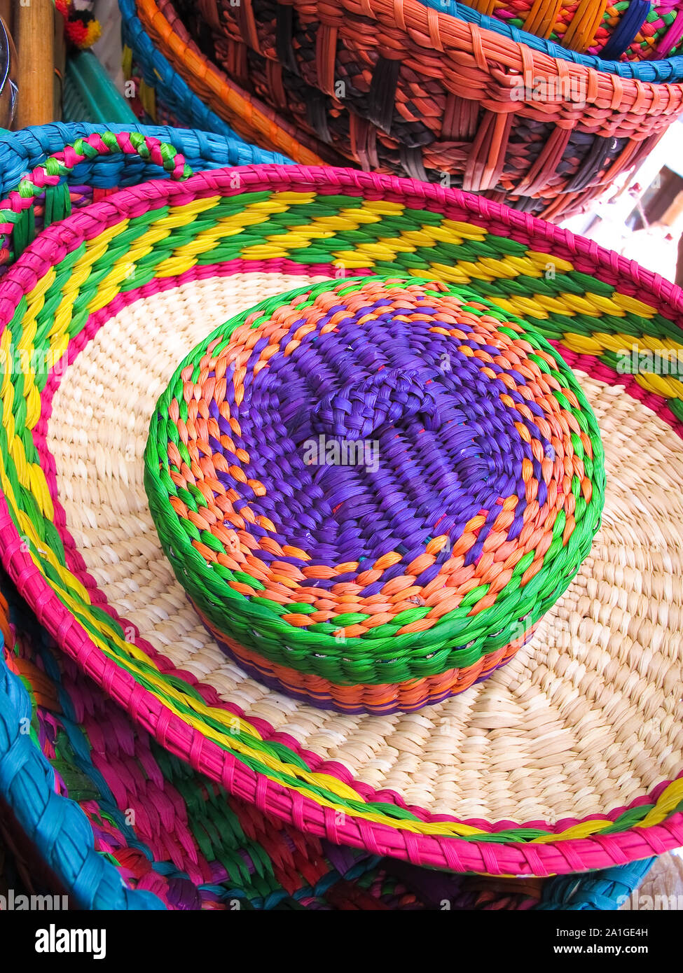 Hats in a traditional Andean market products. Chile, Stock Photo