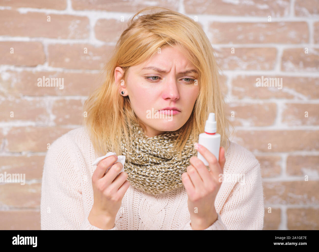 Allergy concept. Home treatment. Effective nasal spray. Runny nose and other symptoms of cold