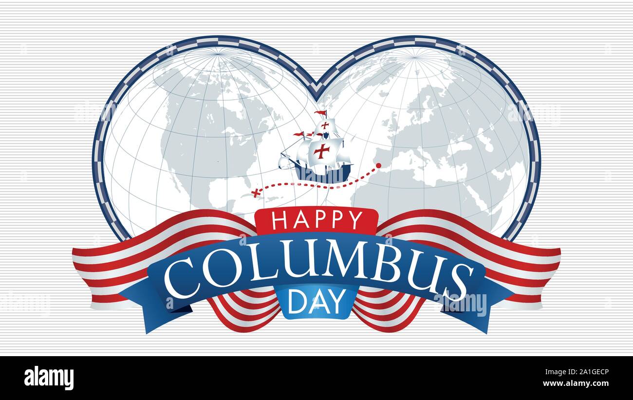 HAPPY COLUMBUS DAY Greeting card. Map of America and Europe with blue frame and a caravel in the middle on white background. Vector image Stock Vector