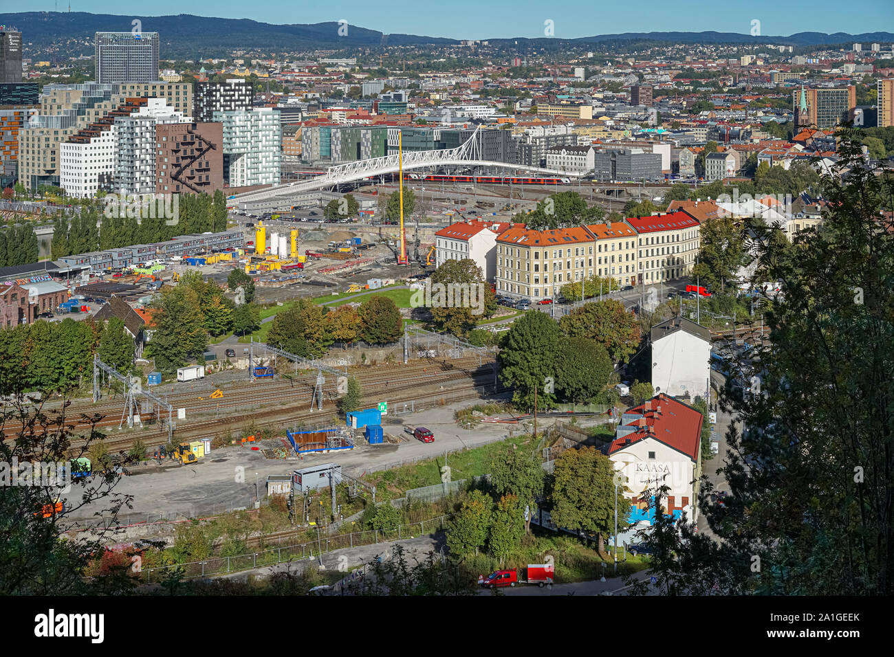 Panorama view of central Oslo with the Barcode Project and railway station from Utsikten, Ekebergparken Sculpture Park, Norway. Stock Photo