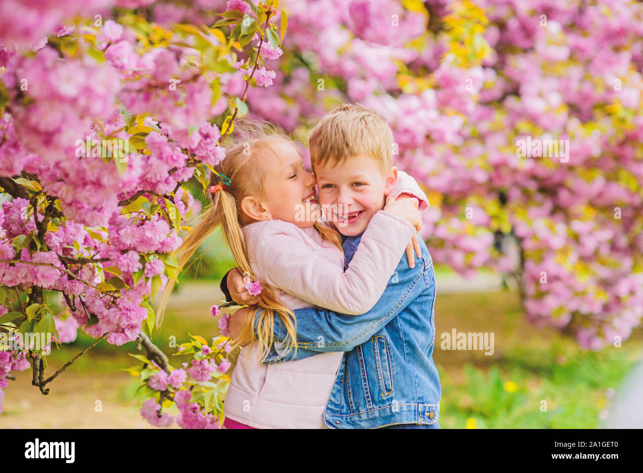 Little Girl Enjoy Spring Flowers Giving All Flowers To Her Surprising Her Kids Enjoying Pink Cherry Blossom Romantic Babies Couple Kids On Flowers Of Sakura Tree Background Tender Love Feelings Stock Photo