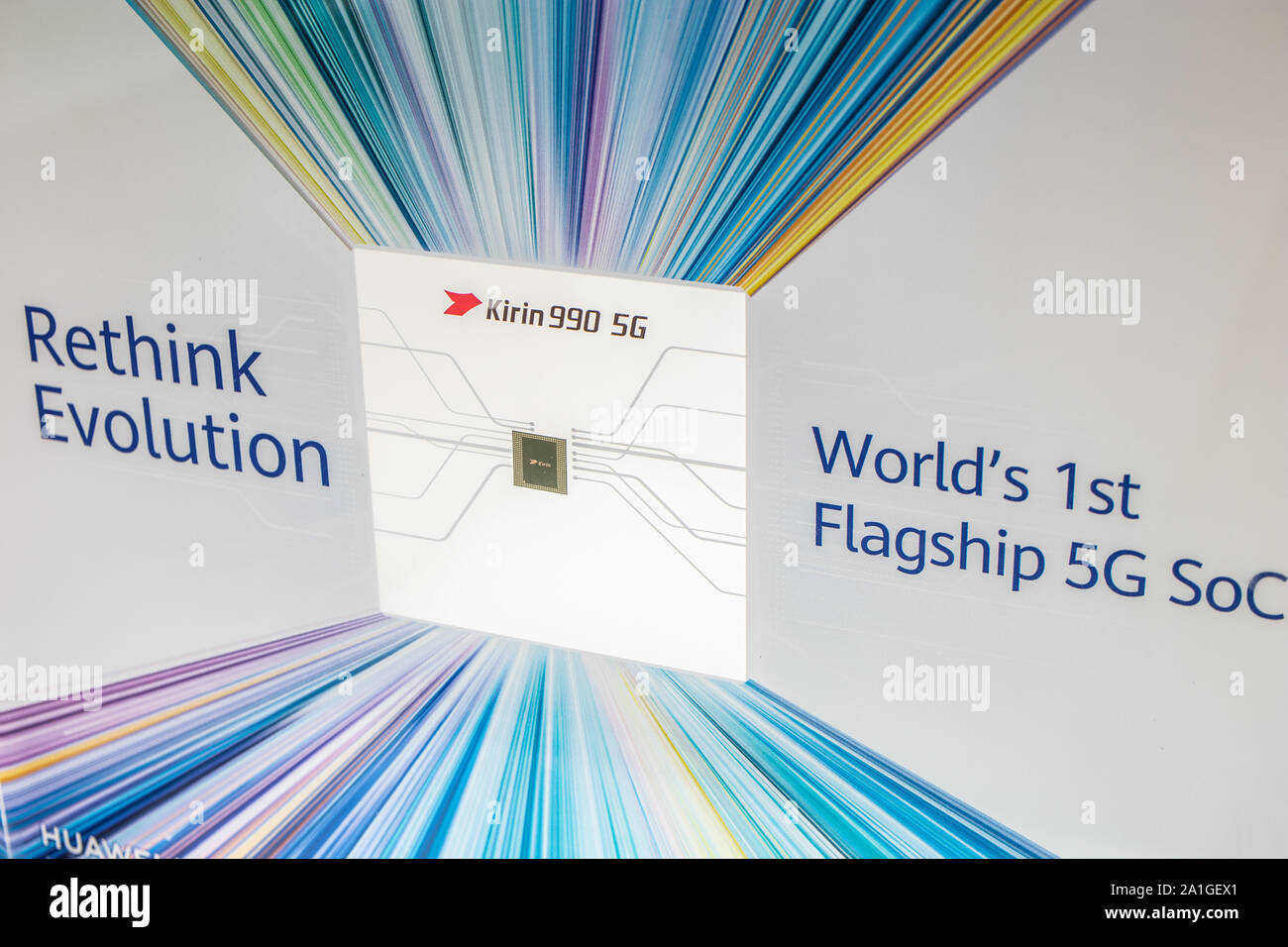 Berlin, Germany, Sep 2019, Kirin 990 5G, world's first Flagship 5g mobile phone SoC Huawei exhibition pavilion, Global Innovations Show IFA 2019 Stock Photo