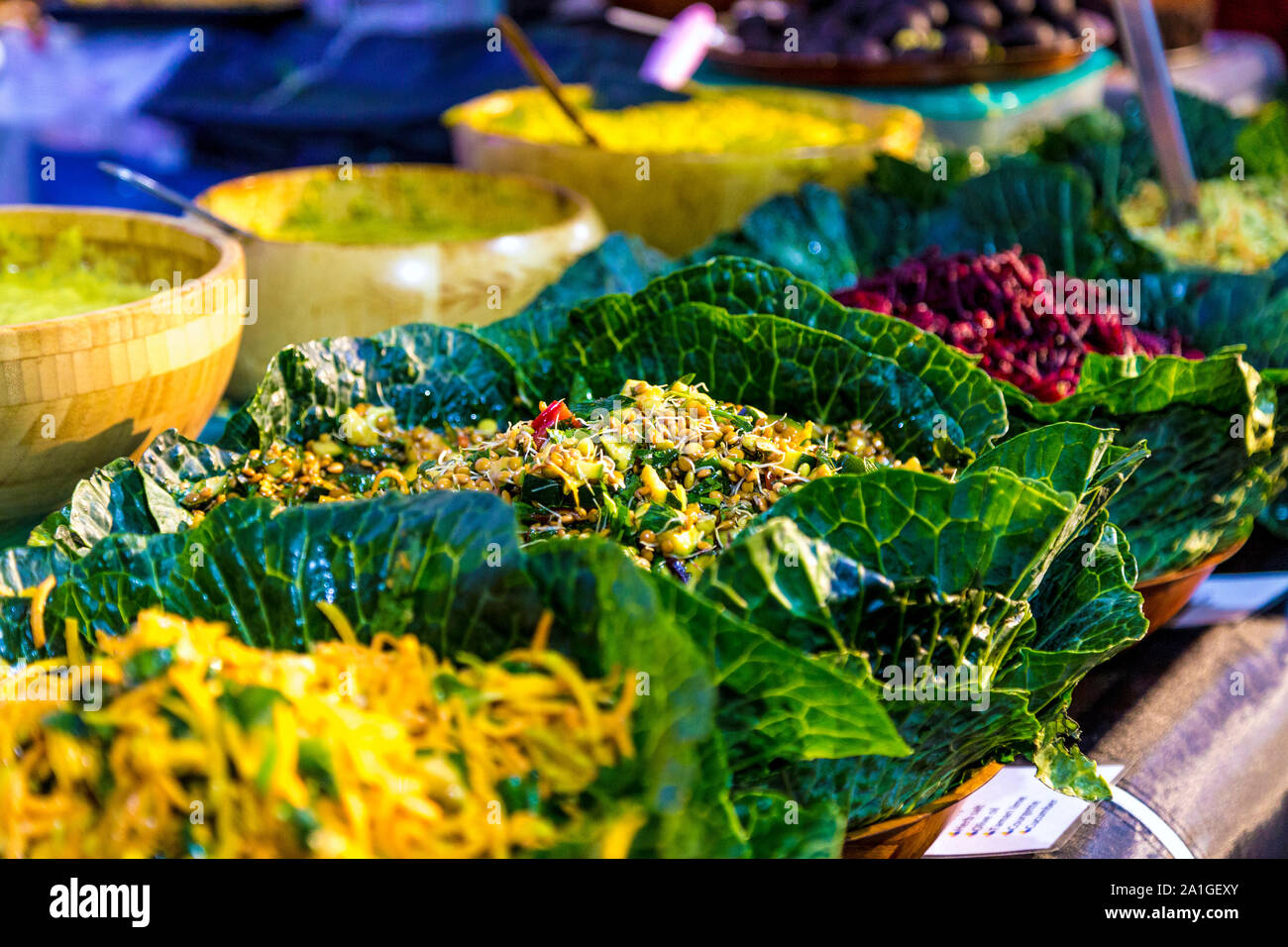 Healthy salads in cabbage leaves at Black Food Festival, London, UK Stock Photo