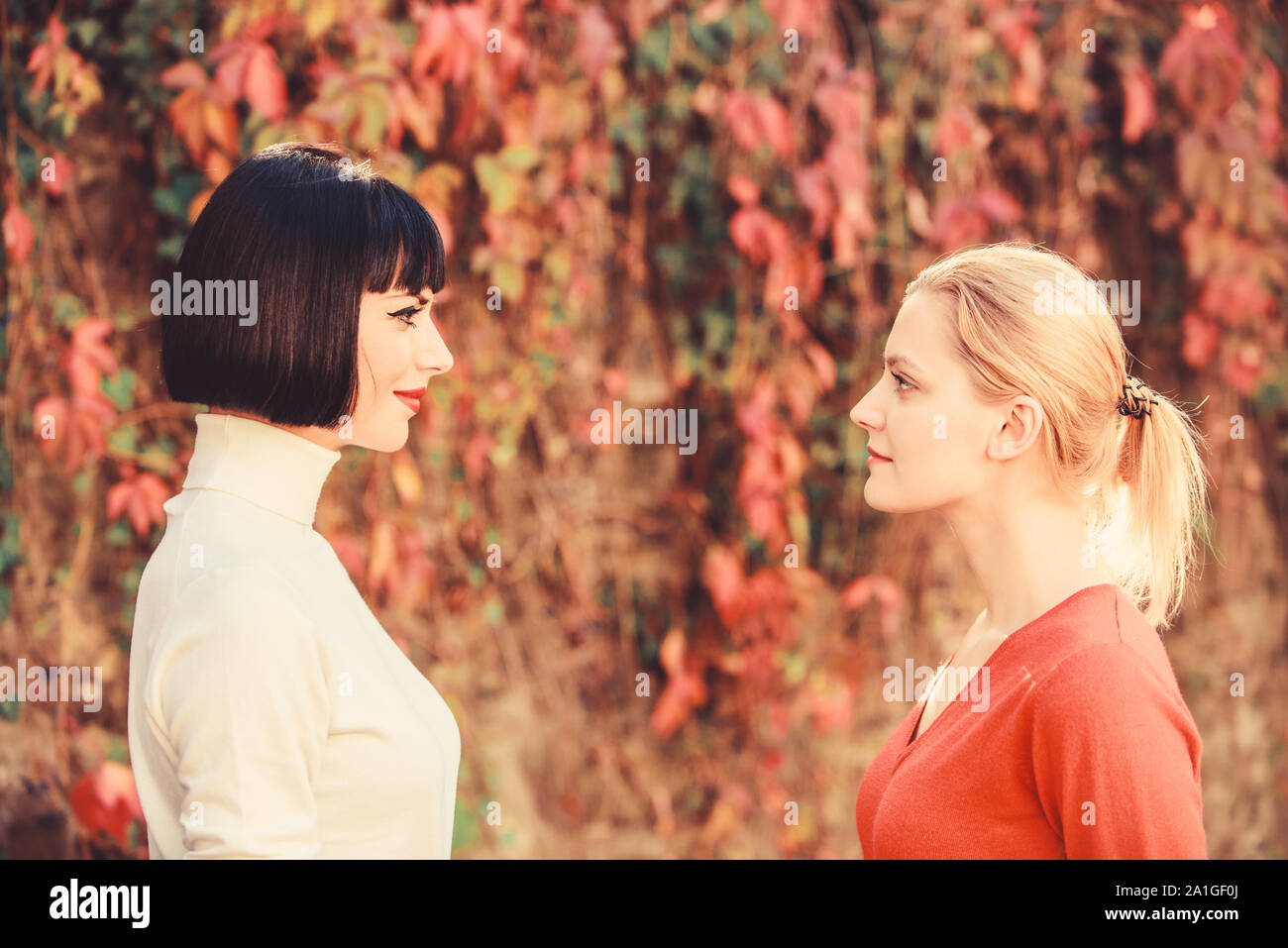 Eye contact. Women looking at each other with attention. Rivalry and leadership. Blonde brunette competitors. Female rivalry. Friendship problems rivalry and jealousy. Pretty girls friends sisters. Stock Photo