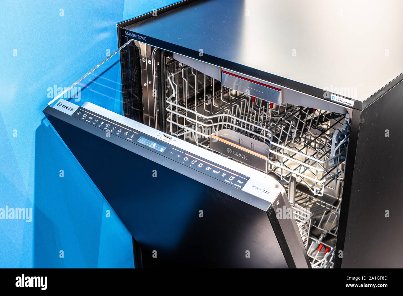Berlin, Germany, Sep 2019, new Bosch dishwashers on display at Robert