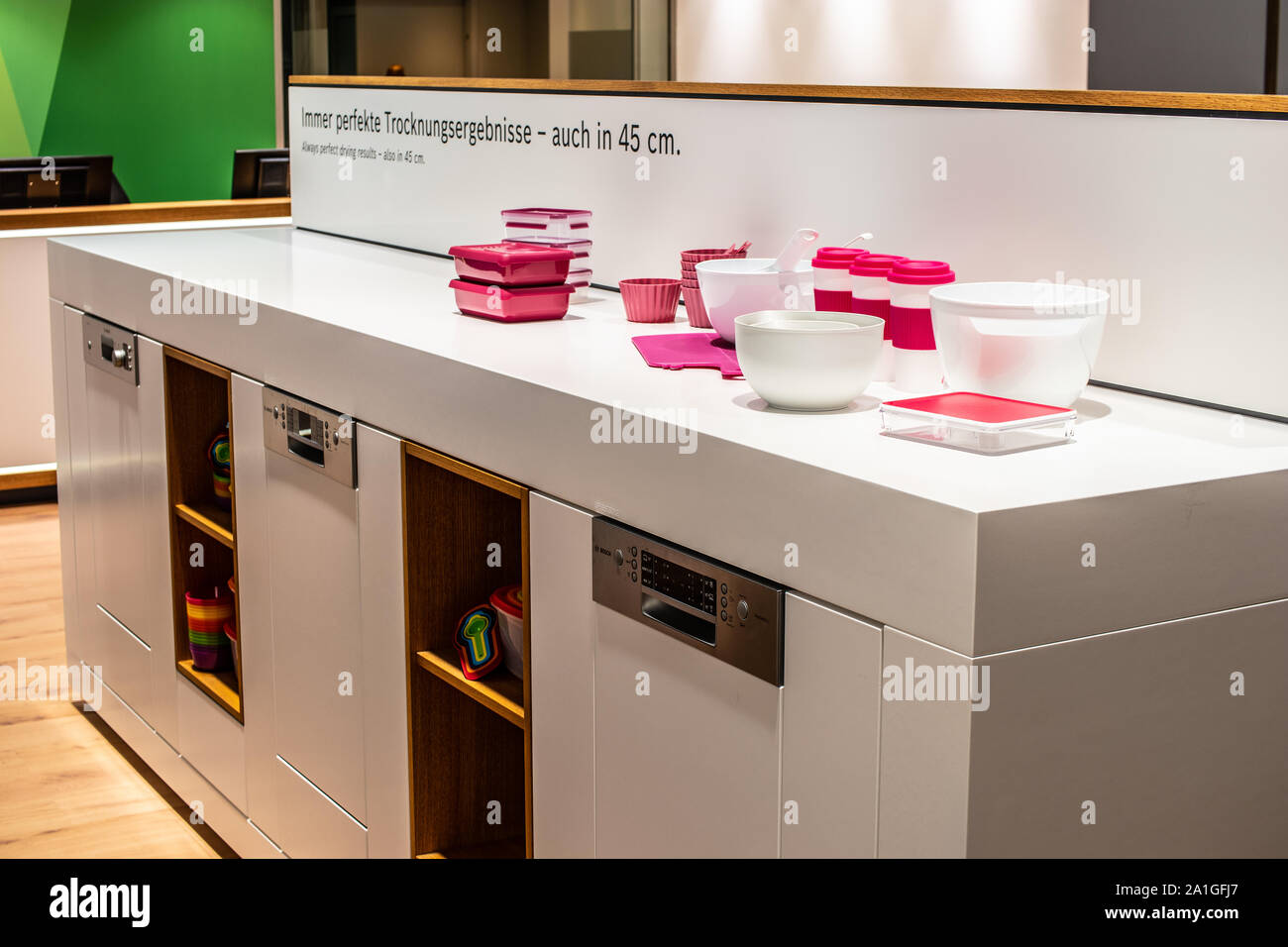 Berlin, Germany, Sep 2019, new Bosch dishwashers on display at Robert