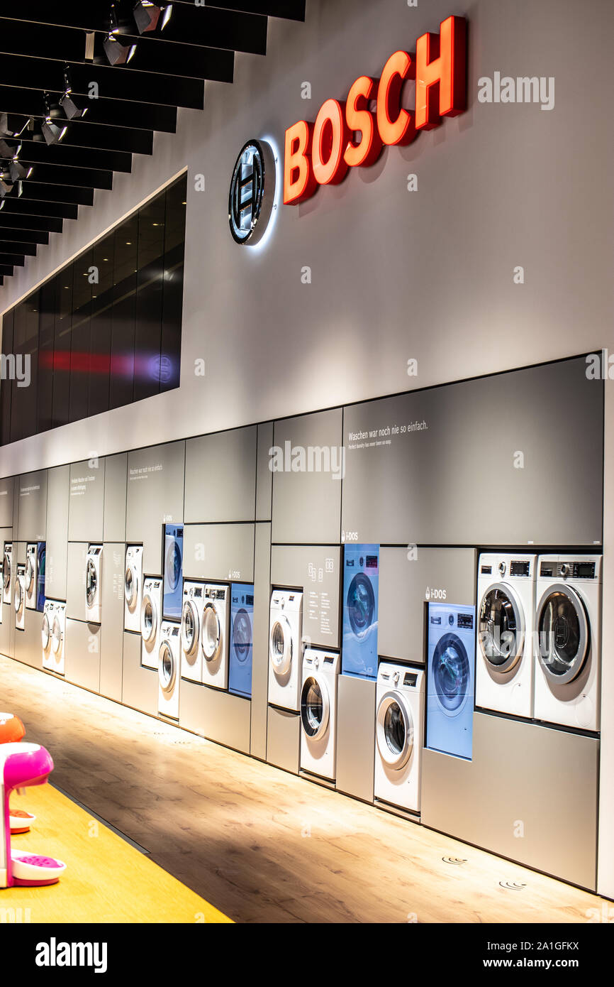 Berlin, Germany, Sep 2019 Bosch washing machines tumble dryers on display,  Robert Bosch exhibition pavilion showroom, Global Innovations Show IFA 2019  Stock Photo - Alamy