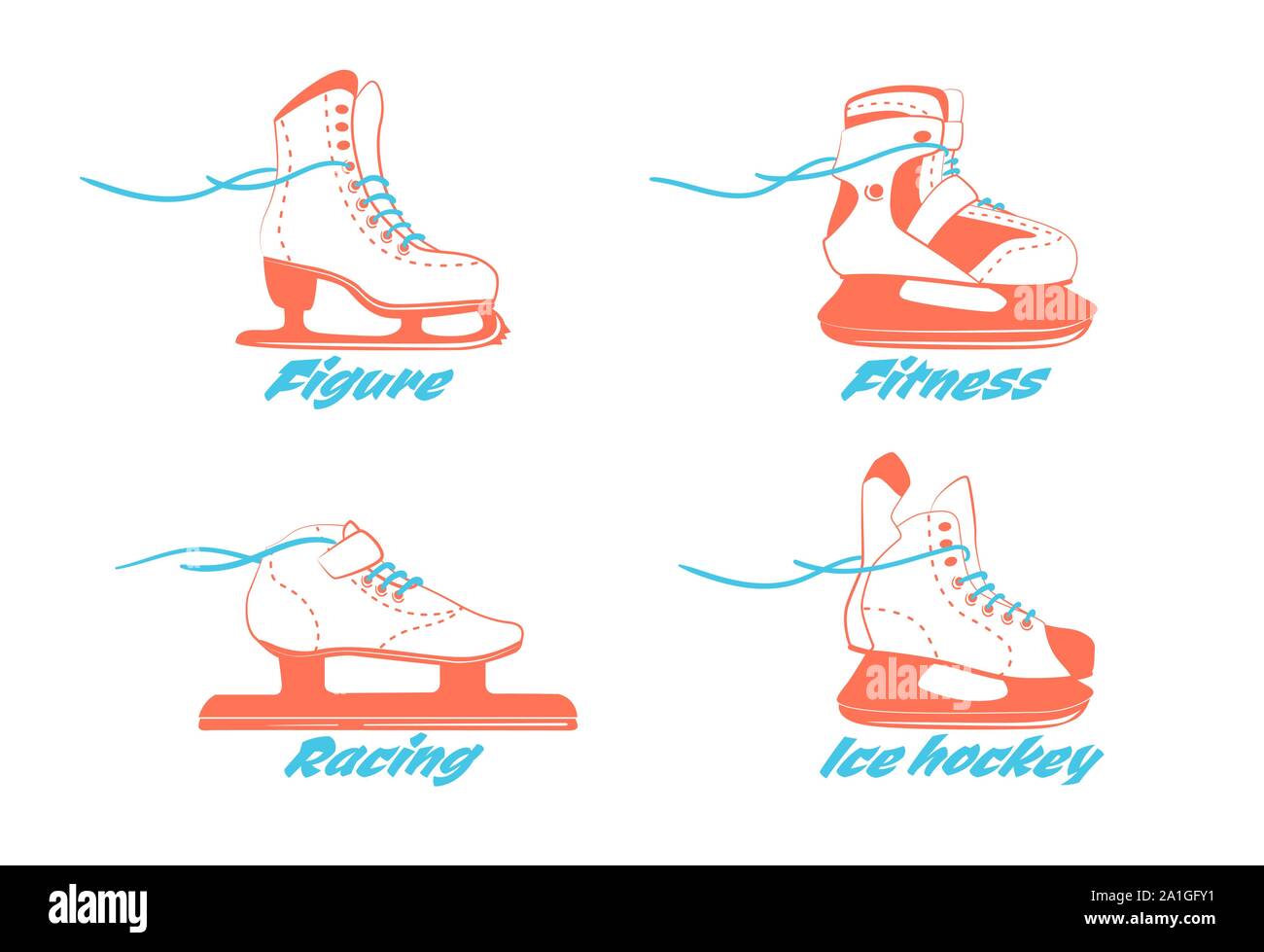 set of different ice skates - figure, fitness, Racing, hockey. Type of ice skate boots. Winter sport equipment logo in vintage colors. Vector Illustration isolated on white background. Stock Vector