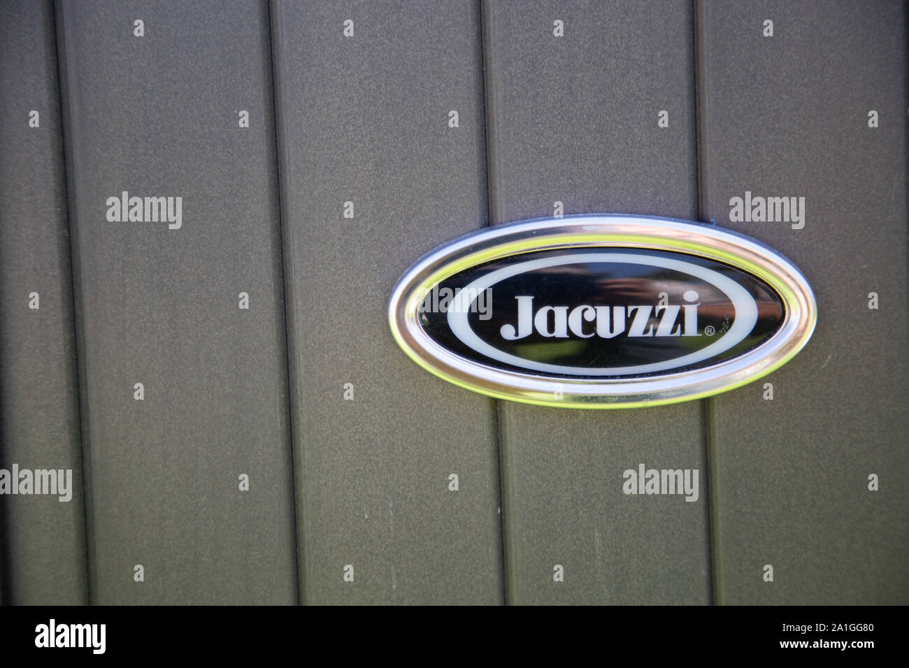Bordeaux, France - June 2, 2019: Close up on the jacuzzi logo. Jacuzzi is the name of a trademark whirlpool bath, named after the Italian inventor Roy Stock Photo