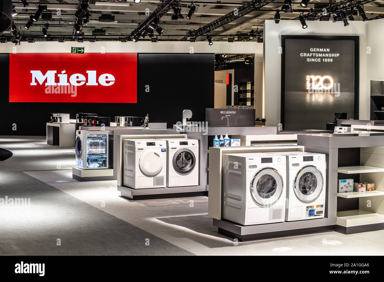 Berlin, Germany, Sep 2019, Miele Washing Machines tumble dryer on display, Miele exhibition