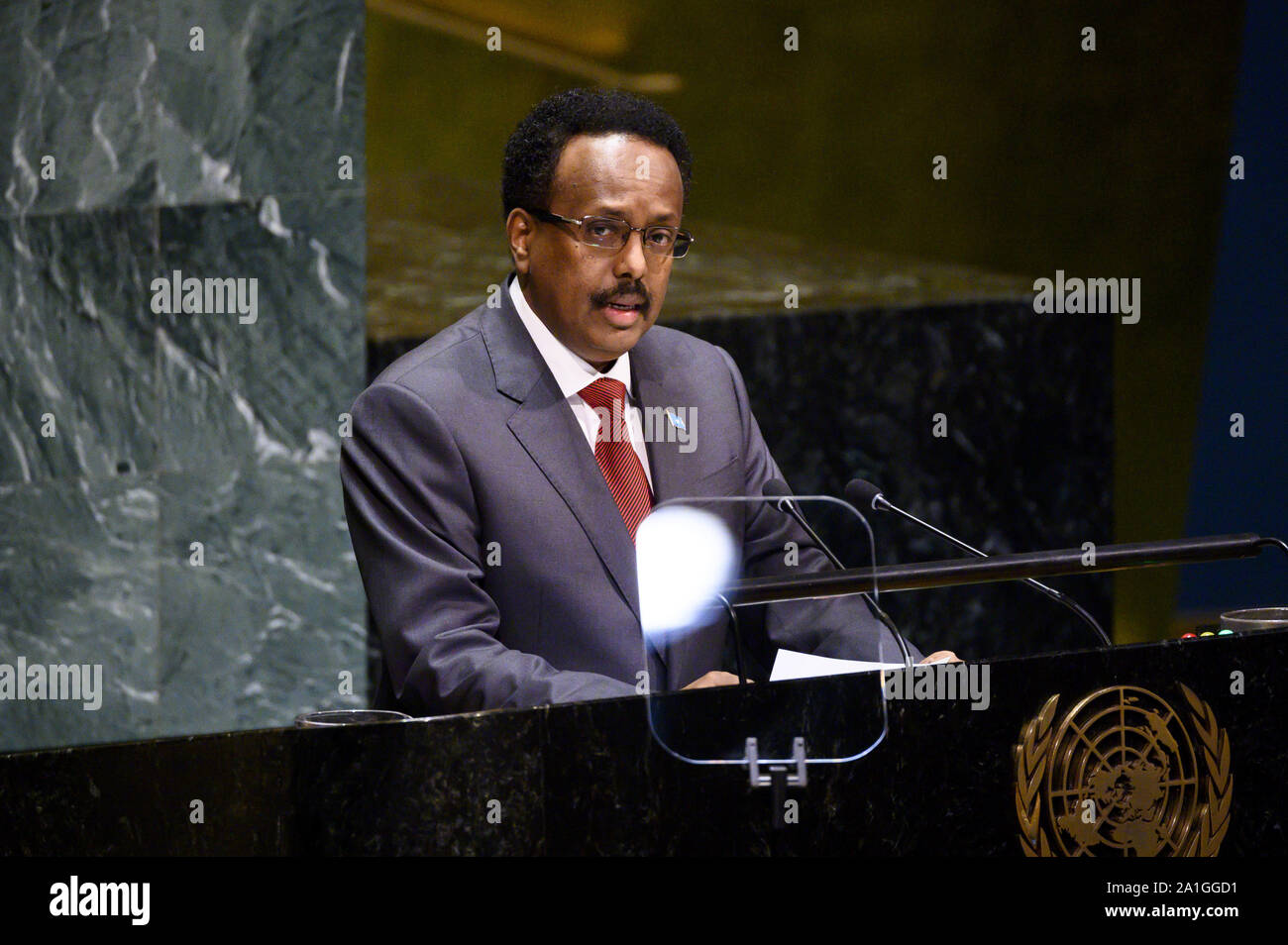 New York, NY, USA. 26th Sep, 2019. September 26, 2019 - New York, NY, United States: MOHAMED ABDULLAHI MOHAMED FARMAJO, President of Somalia, speaking at the General Assembly at the United Nations. Credit: Michael Brochstein/ZUMA Wire/Alamy Live News Stock Photo