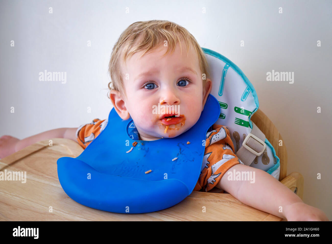 A 1 year old Caucasion blonde baby boy with a messy face makes a mess being fed in his high chair with a blue plastic pelican bib as he learns to eat Stock Photo