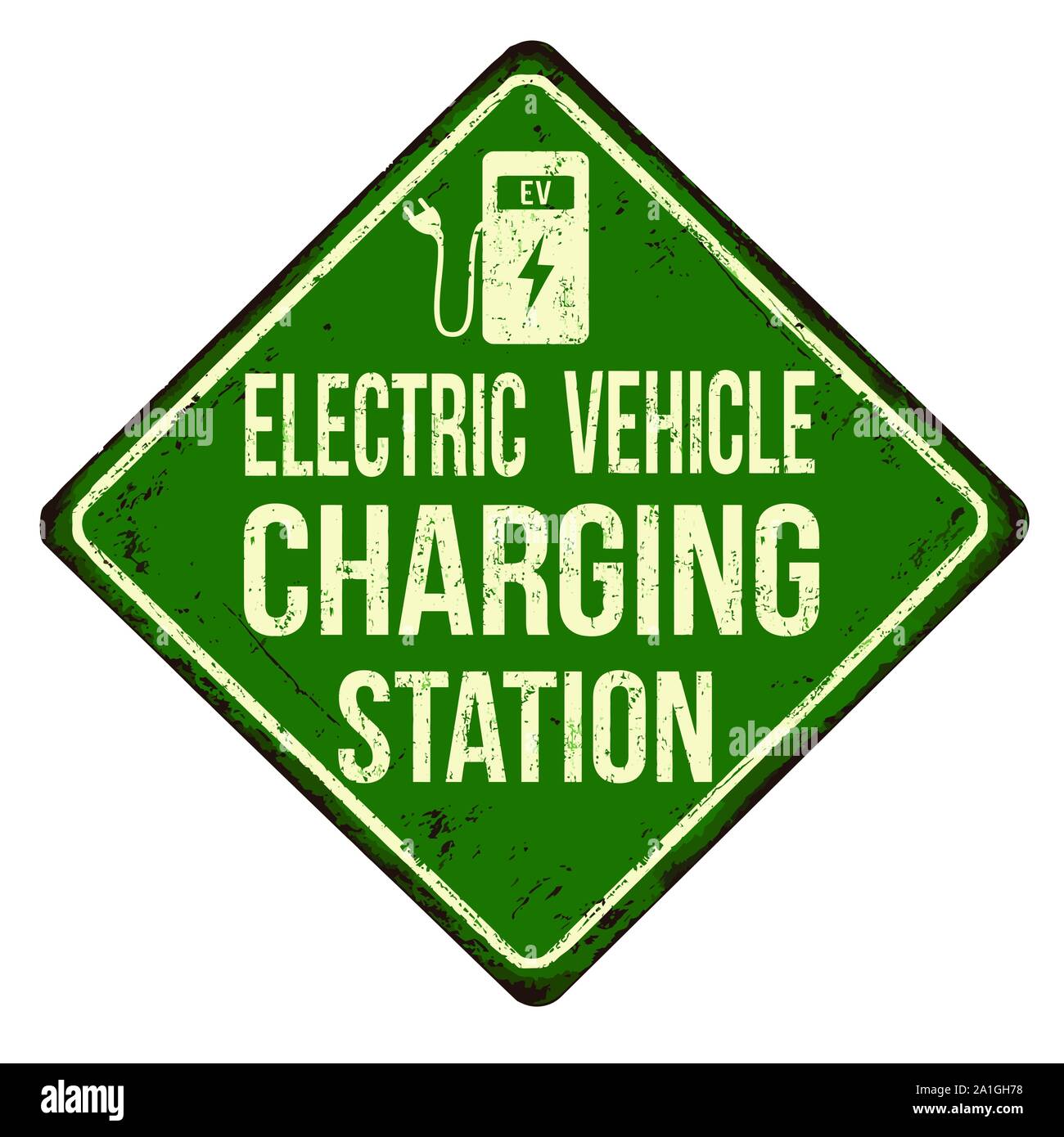 Electric car charging station vintage rusty metal sign on a white background, vector illustration Stock Vector