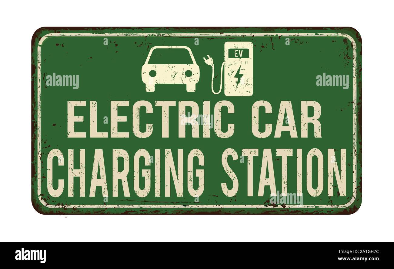 Electric car charging station vintage rusty metal sign on a white background, vector illustration Stock Vector