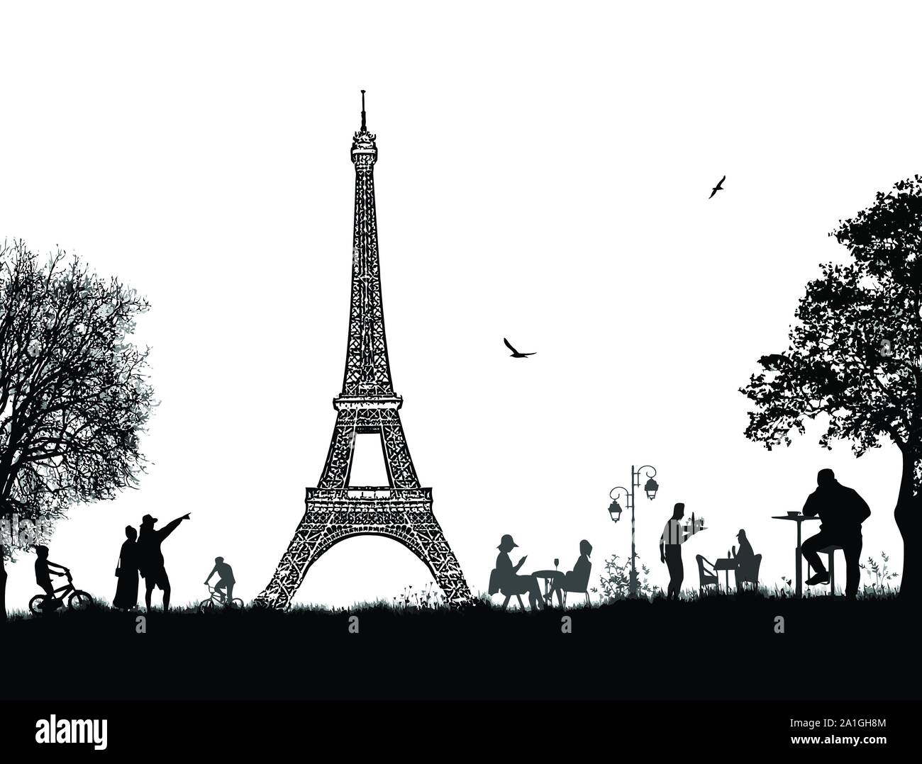 Beautiful landscape design with Eiffel Tower and people silhouettes on white background, vector illustration Stock Vector