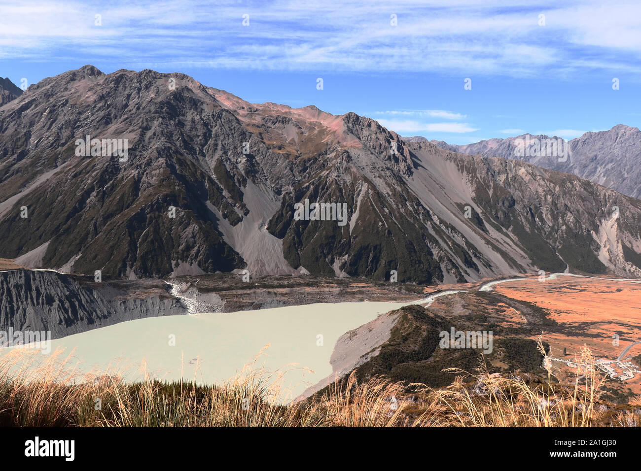 Muller hut track in New Zealand, South Island, Mount Cook area, view to Mueller lake and Hooker Lake Stock Photo