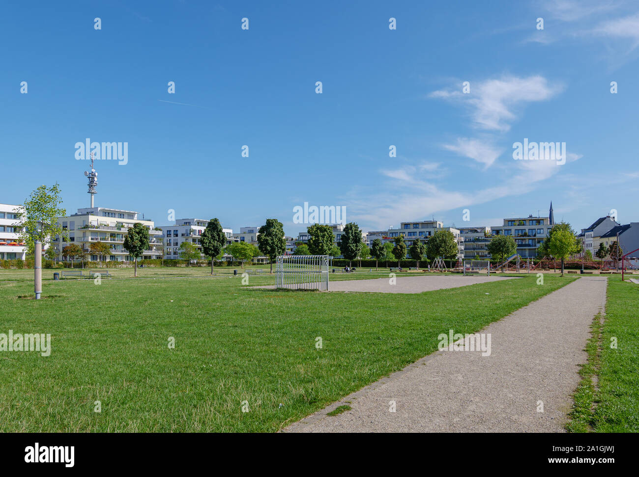 Football, soccer or futsal court field  at Bürgerpark Kalk, public park surrounded with housing and residence. Stock Photo