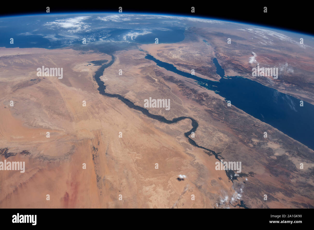 Nile river, Red Sea and Mediterranean Sea, 254 miles above earth, ISS, by NASA/DPA Stock Photo